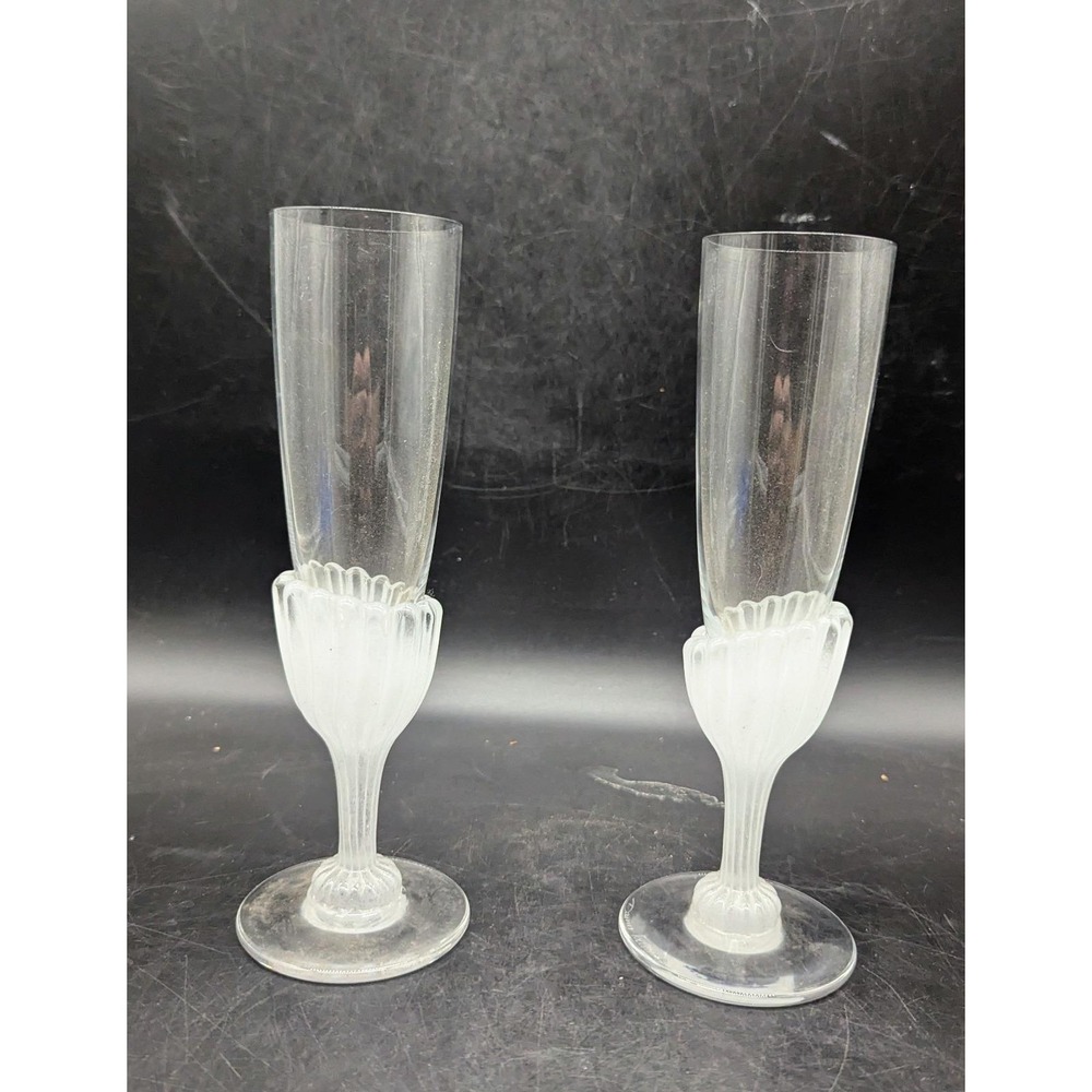 Vintage Pair Daum France Pate De Verre Crystal And CLeat Glass Champagne Flutes
